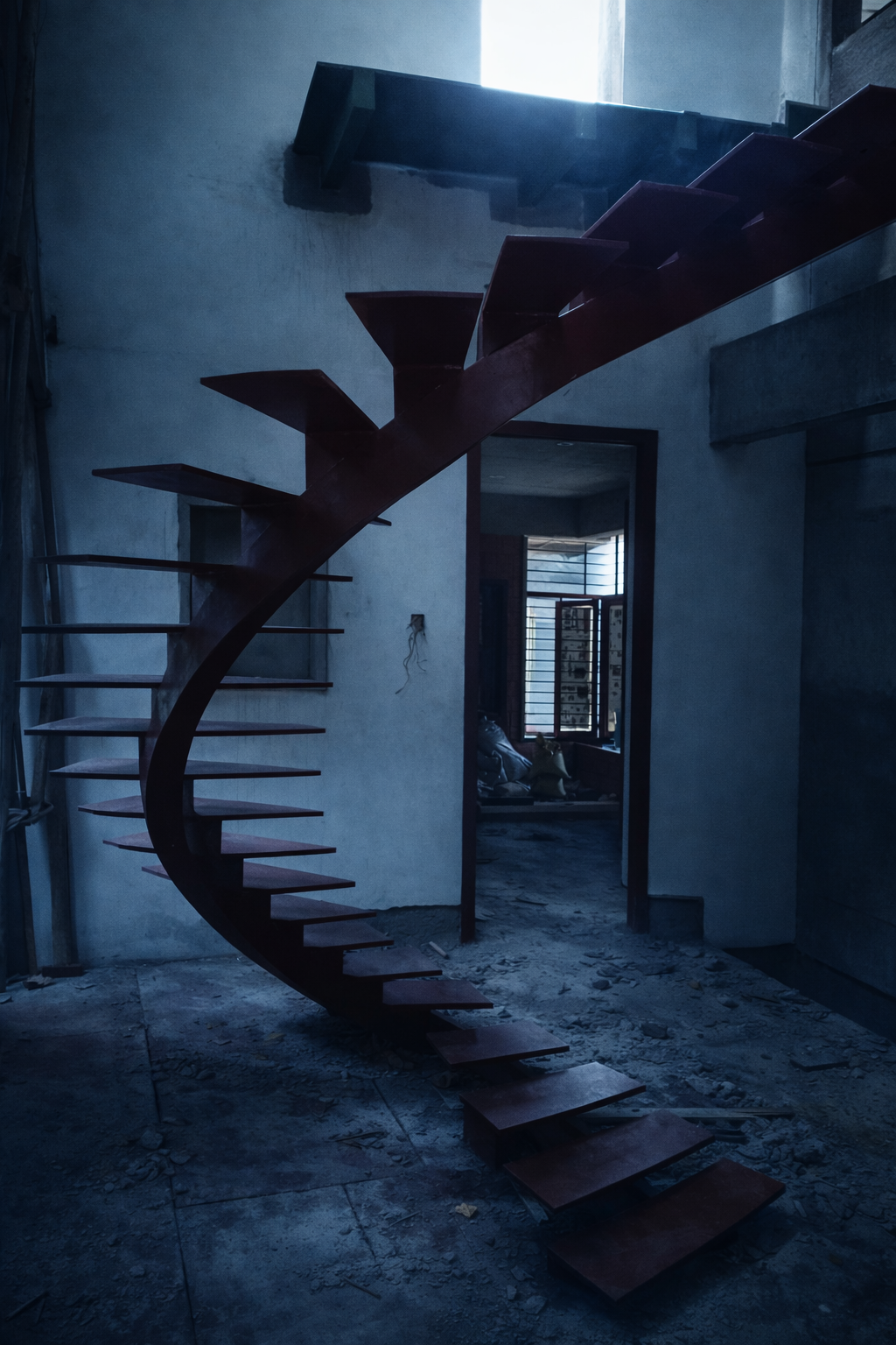 Helical steel staircase fabrication in progress